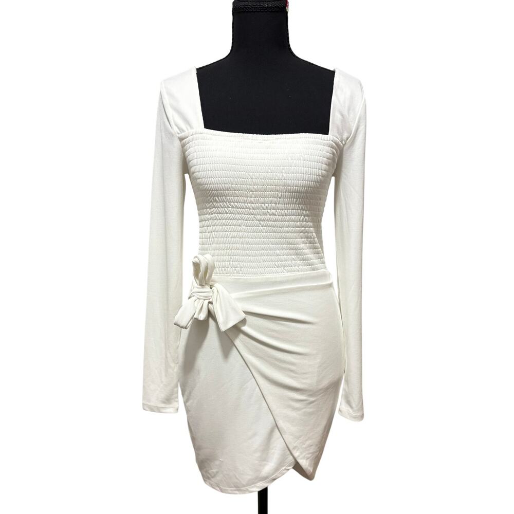 Lovers + Friends Devon White Smocked Wrap Mini Dress S Long Sleeve